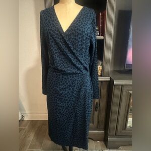 Ann Taylor Teal and Black Leopard Long Sleeve Dress